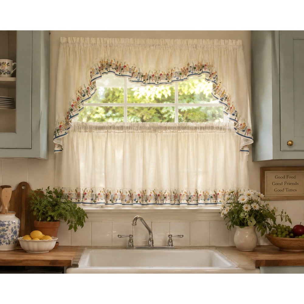 Vtg NOS Dinah's Place Musical Notes Ruffled Kitchen Curtain Swag Tier Valance